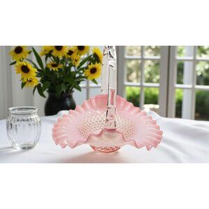 vintage 1950''s Fenton large ruffled cranberry hobnail opalescent basket, 10", E